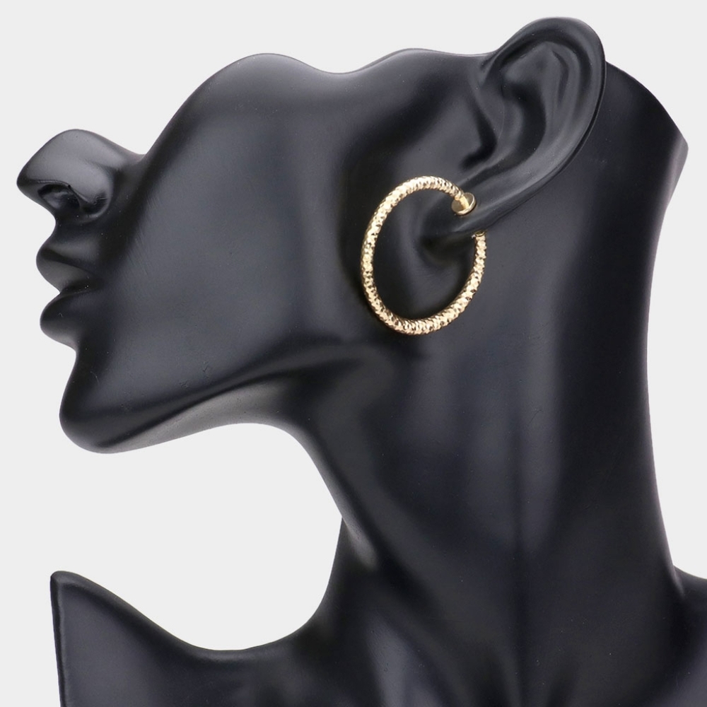 Gold Clip On Hoop Earrings 1.25" Textured Metal Casual Simple